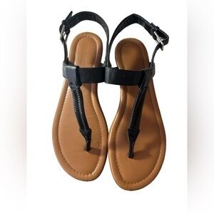 Nine West Sandals Womens 9 Thong Braided Front Buckle Clasp Black Flat Beach